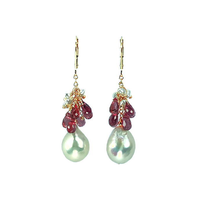 Baroque Pearl, Malaia Garnet & Japanese Akoya Keshi Pearl Earrings