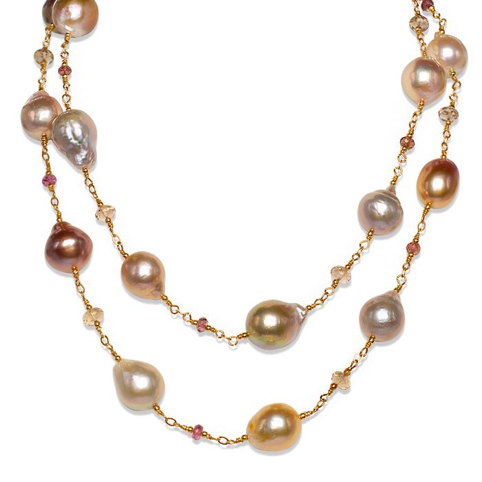 Large Natural multi-color Edison Baroque Pearls, with Pink Tourmaline & Champagne Citrine