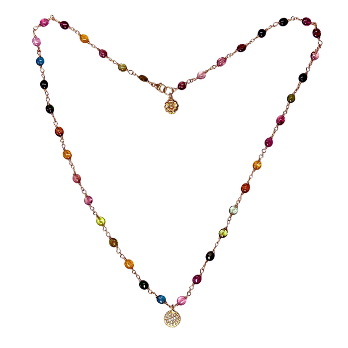 Multi-colored AAA Tourmaline Necklace with diamond pendant in 14K gold