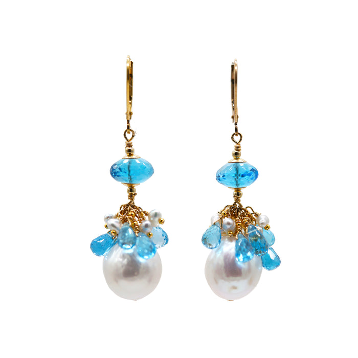 12mm AAA Ivory Pearls with Swiss Blue Topaz Earrings