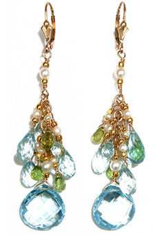 Blue topaz Earrings with clusters of topaz, peridot and apatite briolettes.