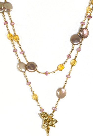 The Magic Necklace 2- Citrine, Pink Topaz and Golden Pearls