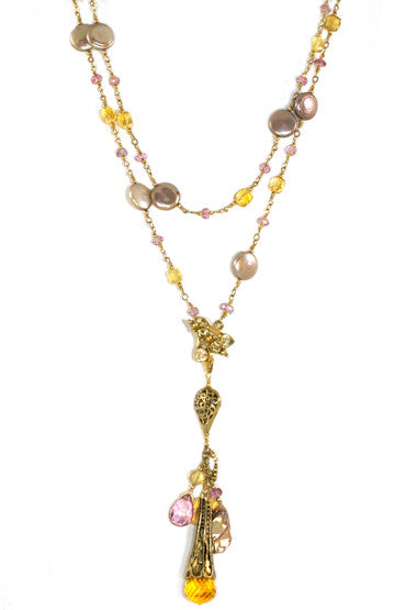The Magic Necklace 2- Citrine, Pink Topaz and Golden Pearls