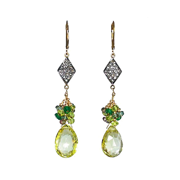 Pave Diamond, Emerald, Peridot and Lemon Topaz Earrings