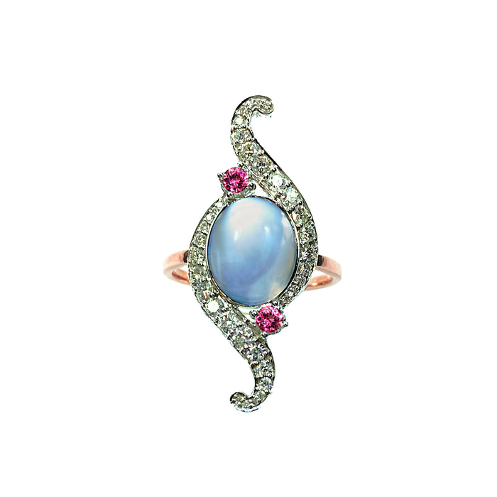 Moonstone, Diamonds and Pink Tourmaline in 14K White and Rose Gold Ring