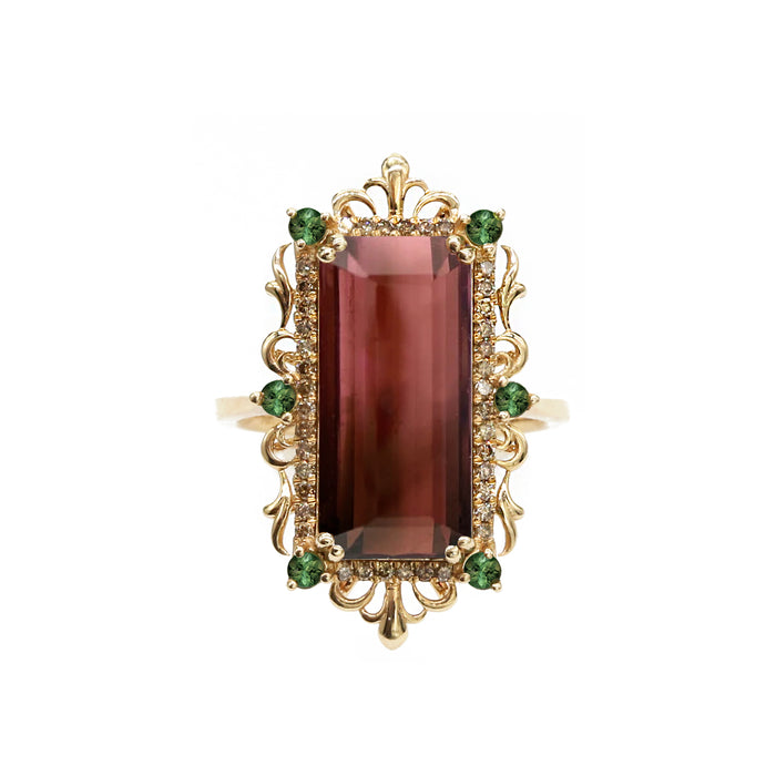 Graduated Apricot Tourmaline, with Green Tourmaline and Champagne Diamonds in 14K gold