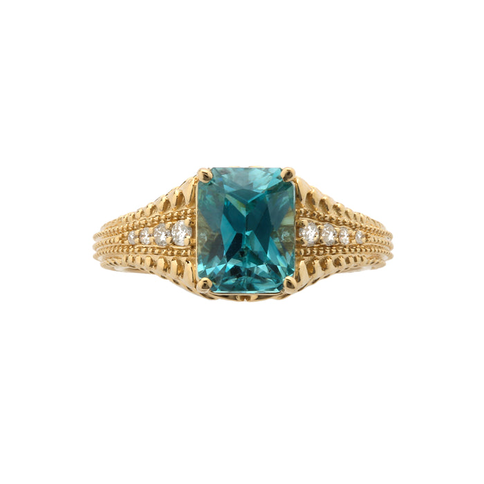 Blue Zircon and Diamonds in 14K gold