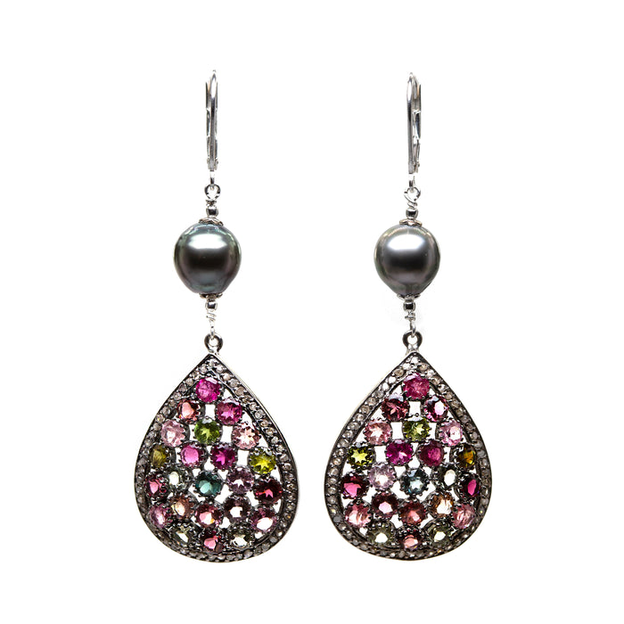 Multi-colored Tourmaline Drops with diamonds and Tahitian Pearls