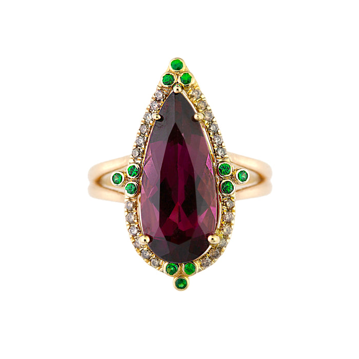 Rhodolite and Tsavorite Garnet Ring with Champagne diamonds in 14K Gold