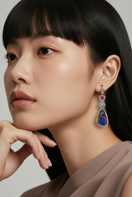 14k Gold Dangle Earrings with Blue Opal and Zircon Stones