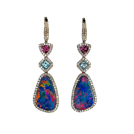 14k Gold Dangle Earrings with Blue Opal and Zircon Stones