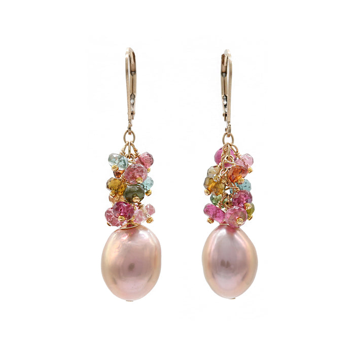 Multi-Colored Tourmaline and Baroque Edison Pearl Earrings