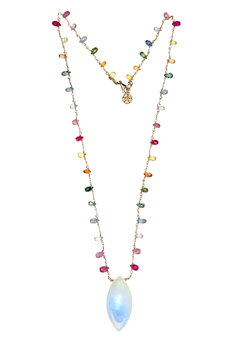 Multi-Colored Sapphire Briolettes with a Marquise Moonstone drop, in 14K Gold