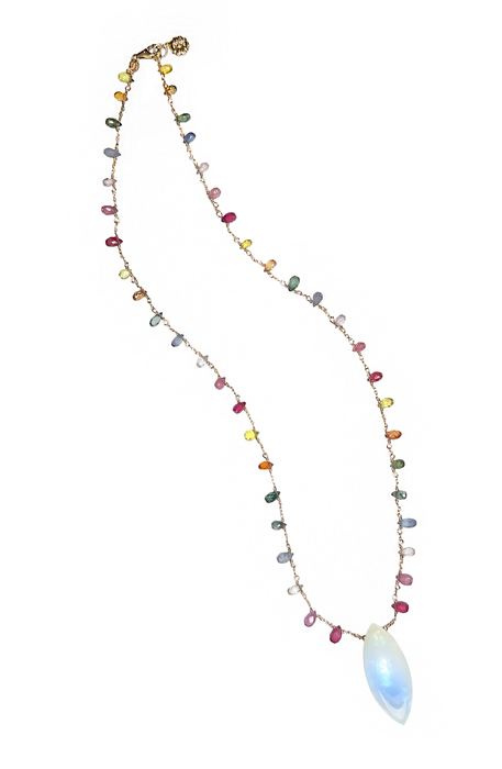 Multi-Colored Sapphire Briolettes with a Marquise Moonstone drop, in 14K Gold