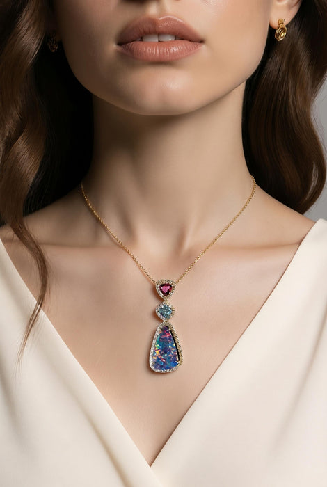 14k Gold Drop Necklace with Blue Opal Pendant and Gem Accents