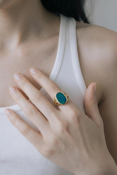 Vibrant Blue Australian Opal Cabochon in Intricate 14k Gold Setting