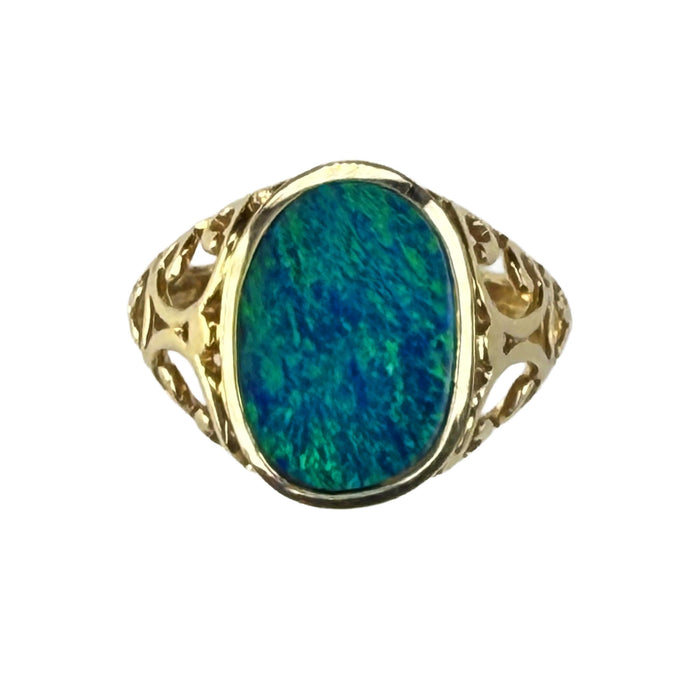 Vibrant Blue Australian Opal Cabochon in Intricate 14k Gold Setting