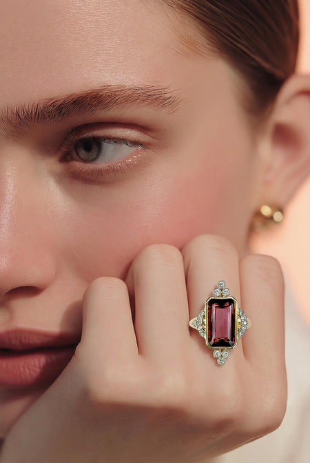 Emerald Cut Deep Pink Tourmaline & Diamond Ring in 14K Gold
