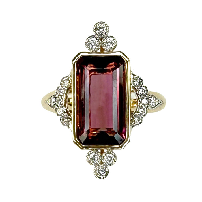 Emerald Cut Deep Pink Tourmaline & Diamond Ring in 14K Gold