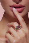 Oval-Cut Rubellite and Emerald Ring in 14K Gold with Diamonds