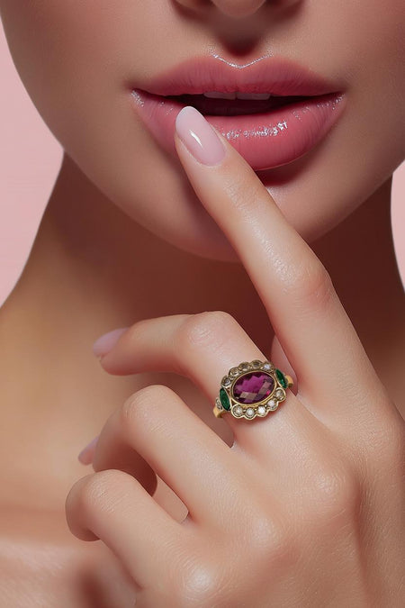 Oval-Cut Rubellite and Emerald Ring in 14K Gold with Diamonds
