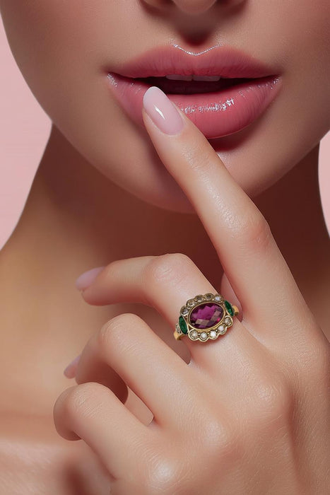 Oval-Cut Rubellite and Emerald Ring in 14K Gold with Diamonds