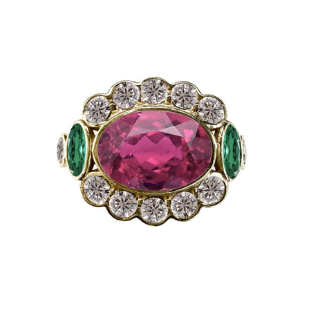Oval-Cut Rubellite and Emerald Ring in 14K Gold with Diamonds