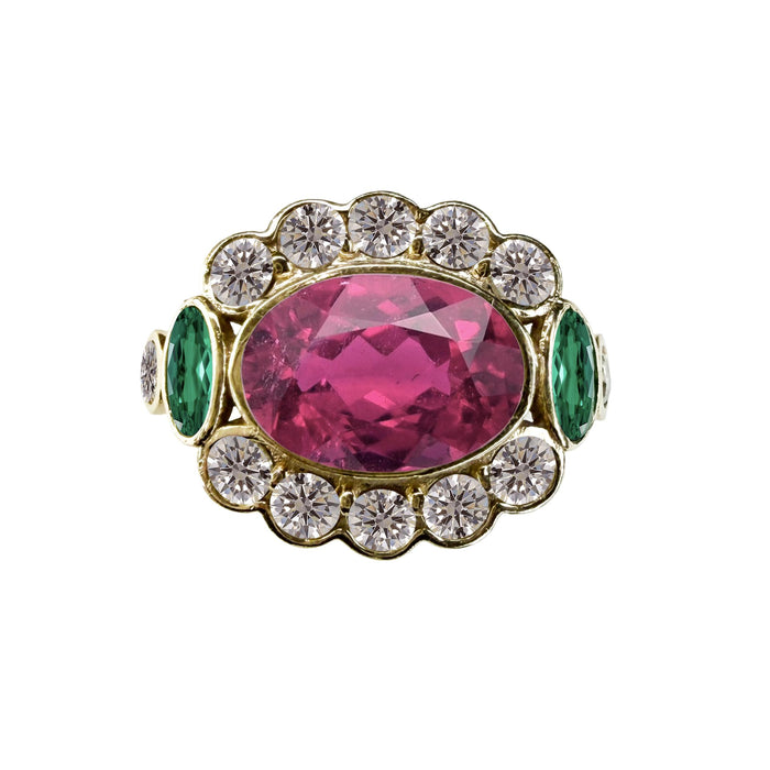 Oval-Cut Rubellite and Emerald Ring in 14K Gold with Diamonds