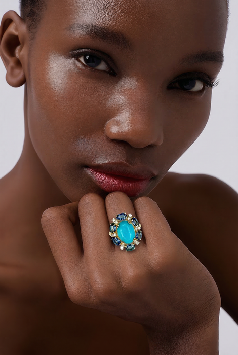 Sleeping Beauty Turquoise Ring with Diamonds and Sapphires in 14K Gold