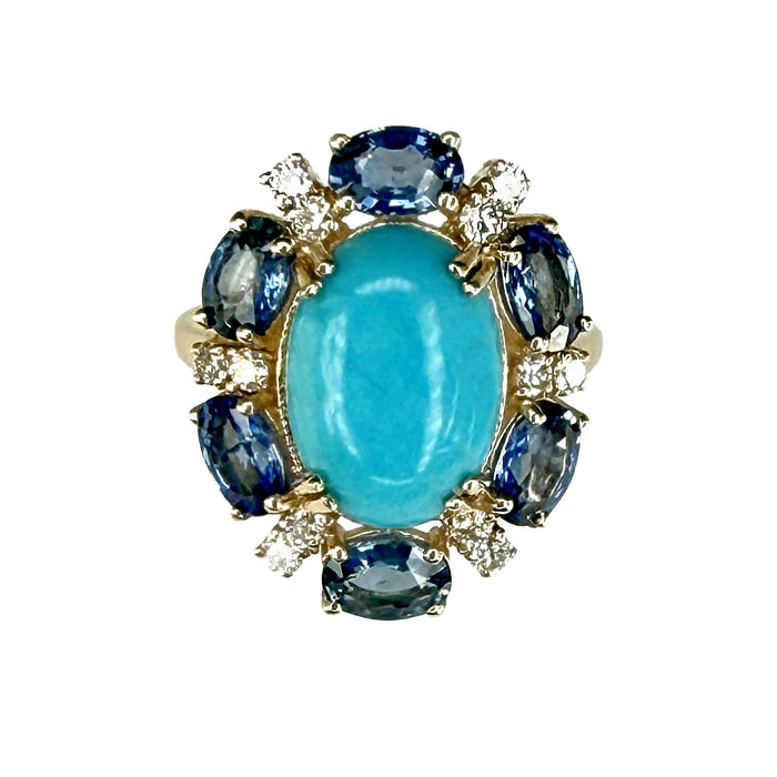 Sleeping Beauty Turquoise Ring with Diamonds and Sapphires in 14K Gold