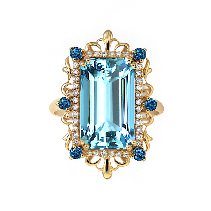 Aquamarine Ring surrounded by Blue and white diamonds