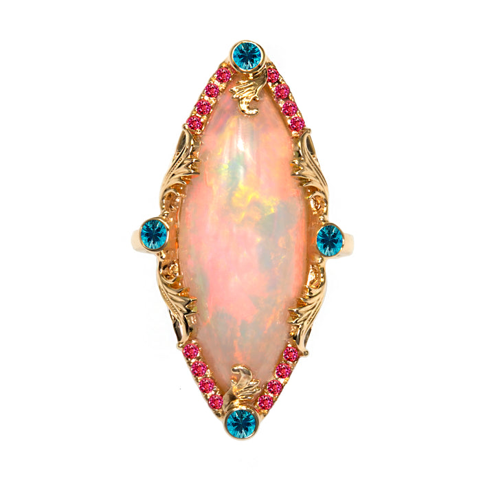 Marquise Opal with Blue Diamonds and Pink Sapphires in 14K Gold