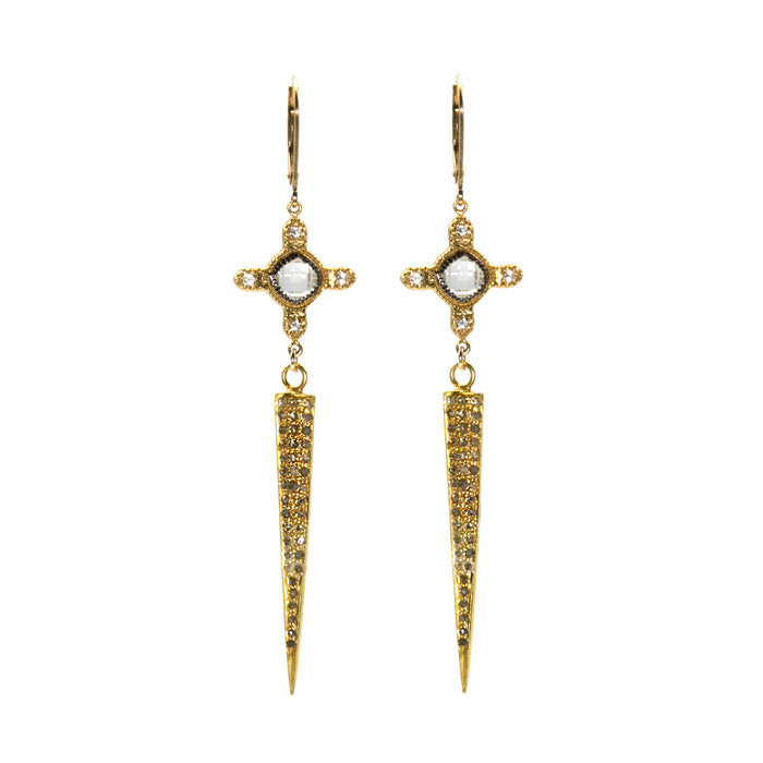 The Dagger Earrings with Pave Diamonds, Pave white Topaz and Rock Crystal