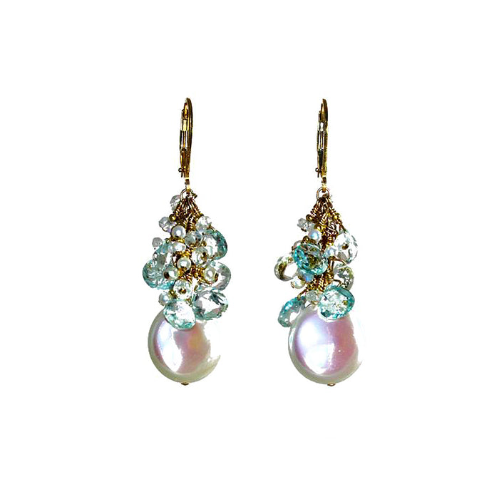 Ivory Coin pearl Earrings with aquamarine rondelles and akoya keshi pearls