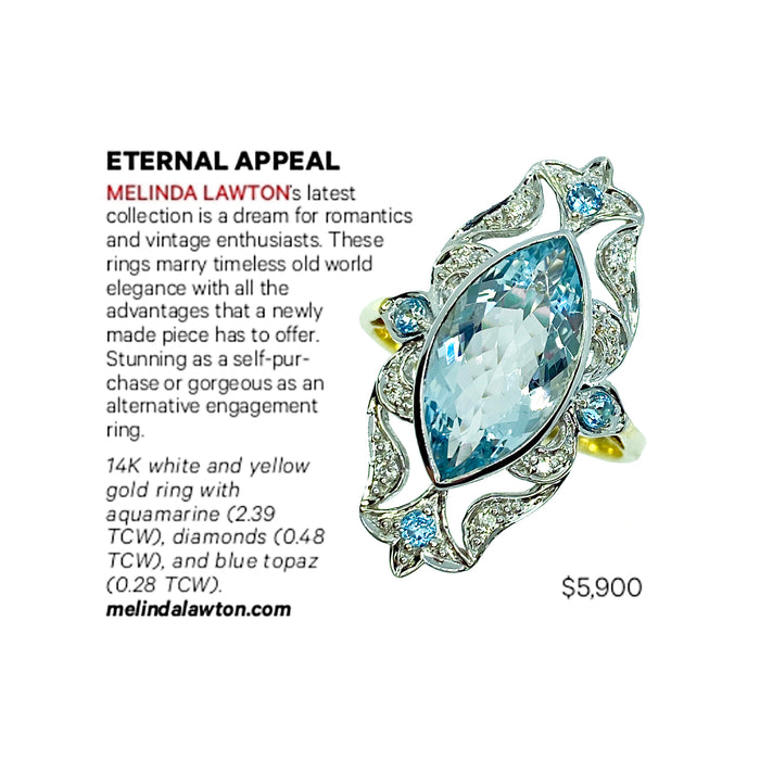 Marquise cut Aquamarine, Diamonds & Blue Topaz in 14K gold