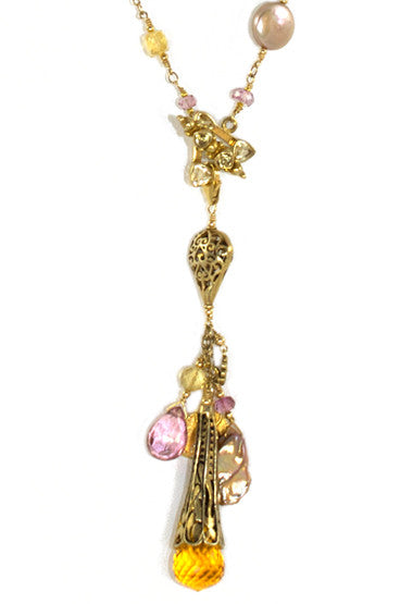 The Magic Necklace 2- Citrine, Pink Topaz and Golden Pearls