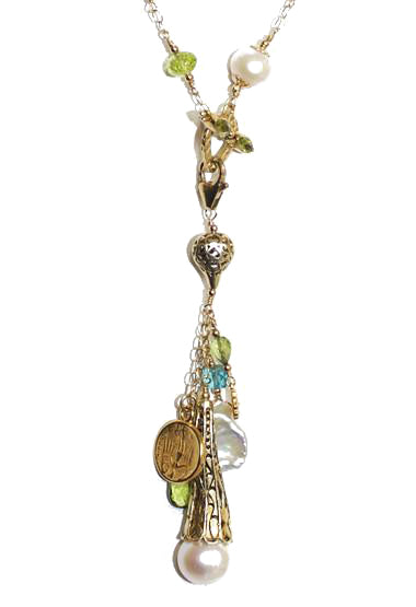 Apatite, Peridot and Pearl Lariat Necklace