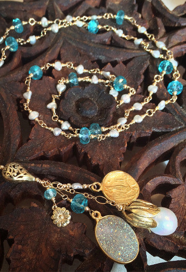 Apatite and Akoya Keshi Pearl Short Lariat Necklace