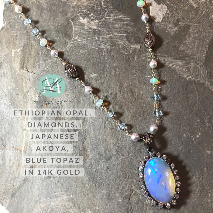 Opal, Diamonds, Blue Topaz, Baroque Japanese Akoya in 14K Gold