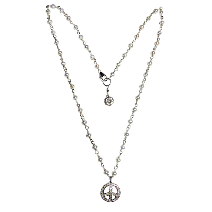 Pave Diamond Peace Sign on a Pearl Chain in Sterling Silver