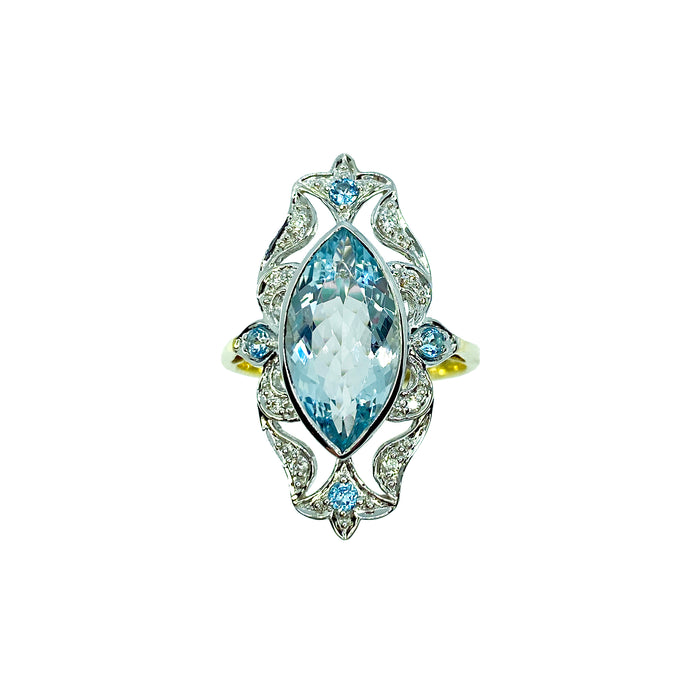 Marquise cut Aquamarine, Diamonds & Blue Topaz in 14K gold