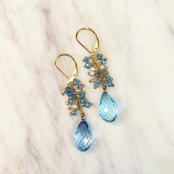 Blue Topaz and Akoya Keshi Pearl Earrings