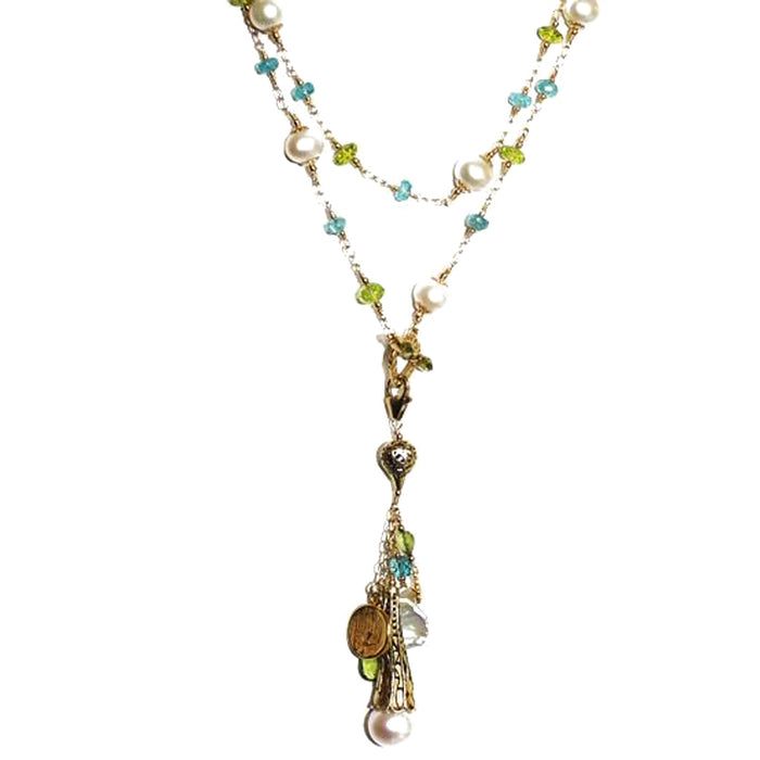 Apatite, Peridot and Pearl Lariat Necklace