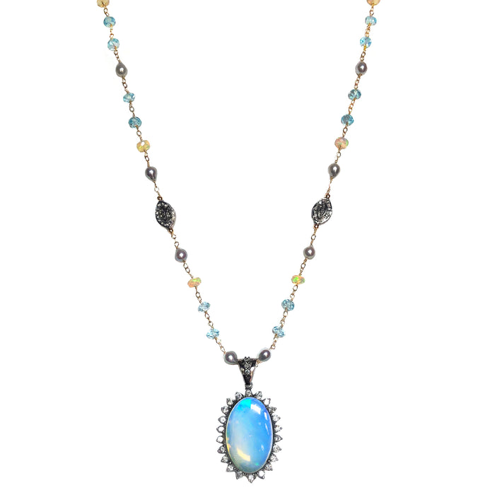 Opal, Diamonds, Blue Topaz, Baroque Japanese Akoya in 14K Gold