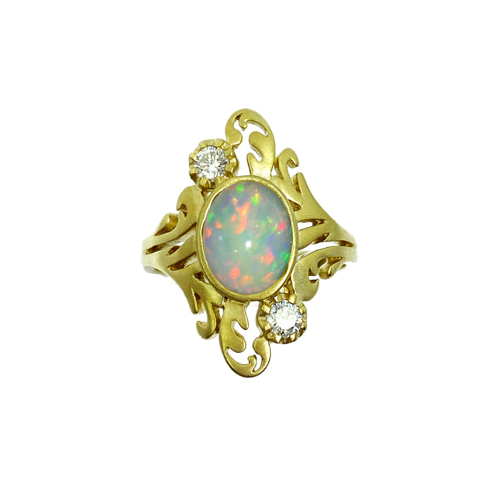 Opal and Diamond Filagree Ring in 14K Matte Gold