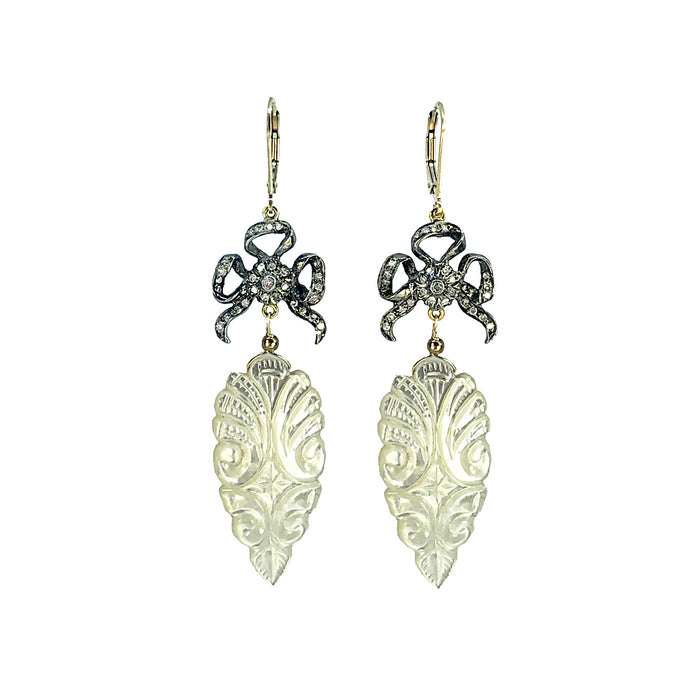 Pave Diamond Bows and Carved Mother-of-Pearl Earrings