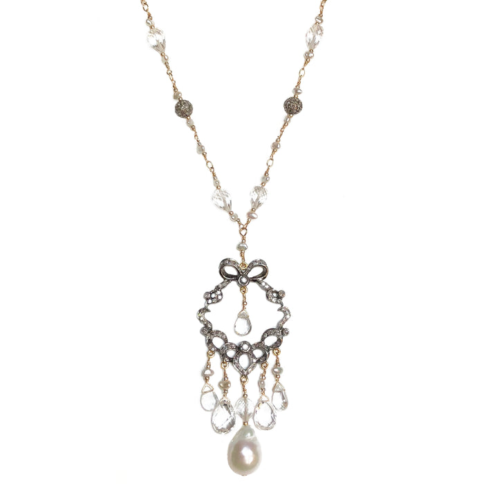 Pave Diamonds White Topaz and Pearls