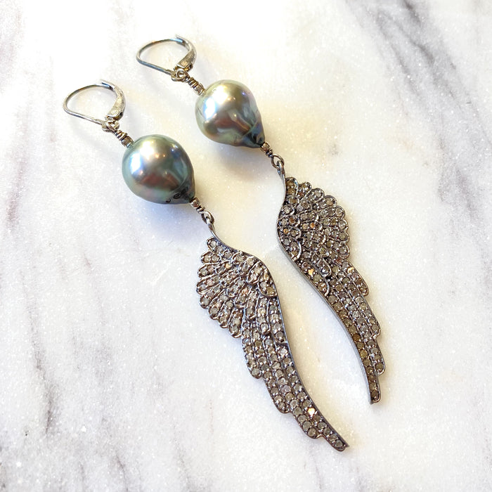 Pave Diamond Angel Wings with Tahitian pearls