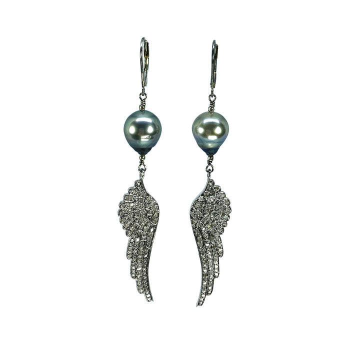 Pave Diamond Angel Wings with Tahitian pearls