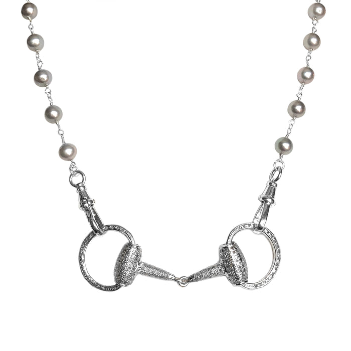 Pave Diamonds and Grey Pearls Equestrian Bit Necklace